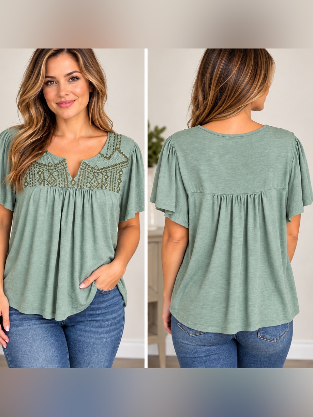 Lucky Brand Sage Embroidered Flutter Sleeve Tunic Size Large (0057)